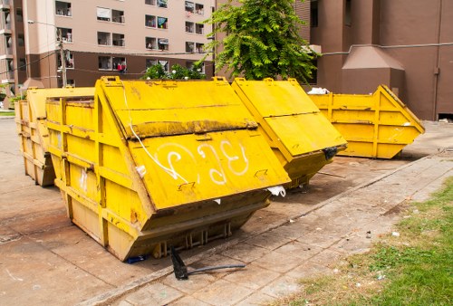 Construction site in Fitzrovia with waste disposal containers